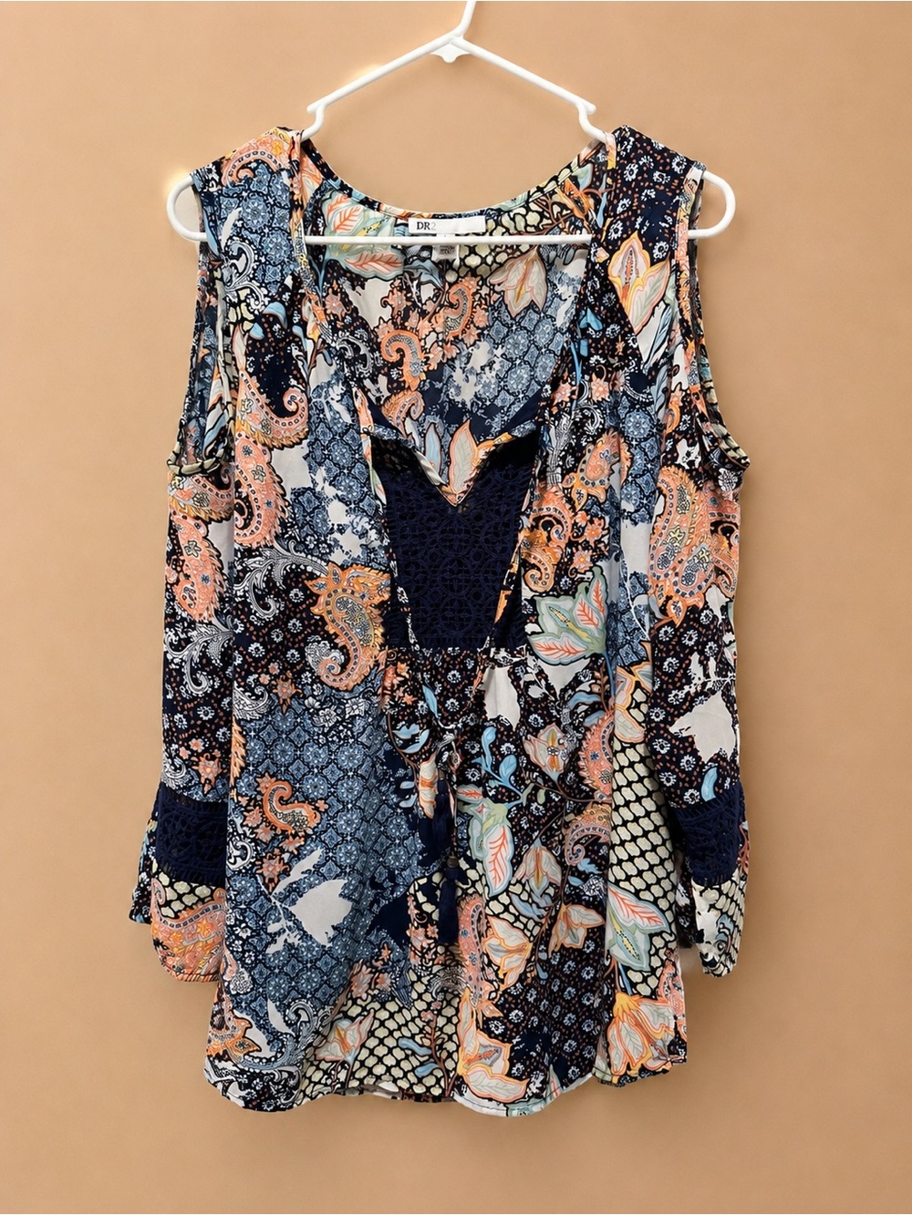 DR2 Navy Multicolor Paisley Cold-Shoulder Tunic